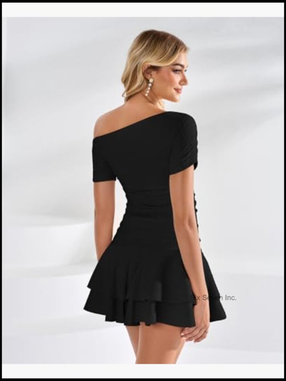 Off Shoulder Mini Dress with Ruffle Hem A-Line Fit Cocktail Party Dress - Picture 2 of 7